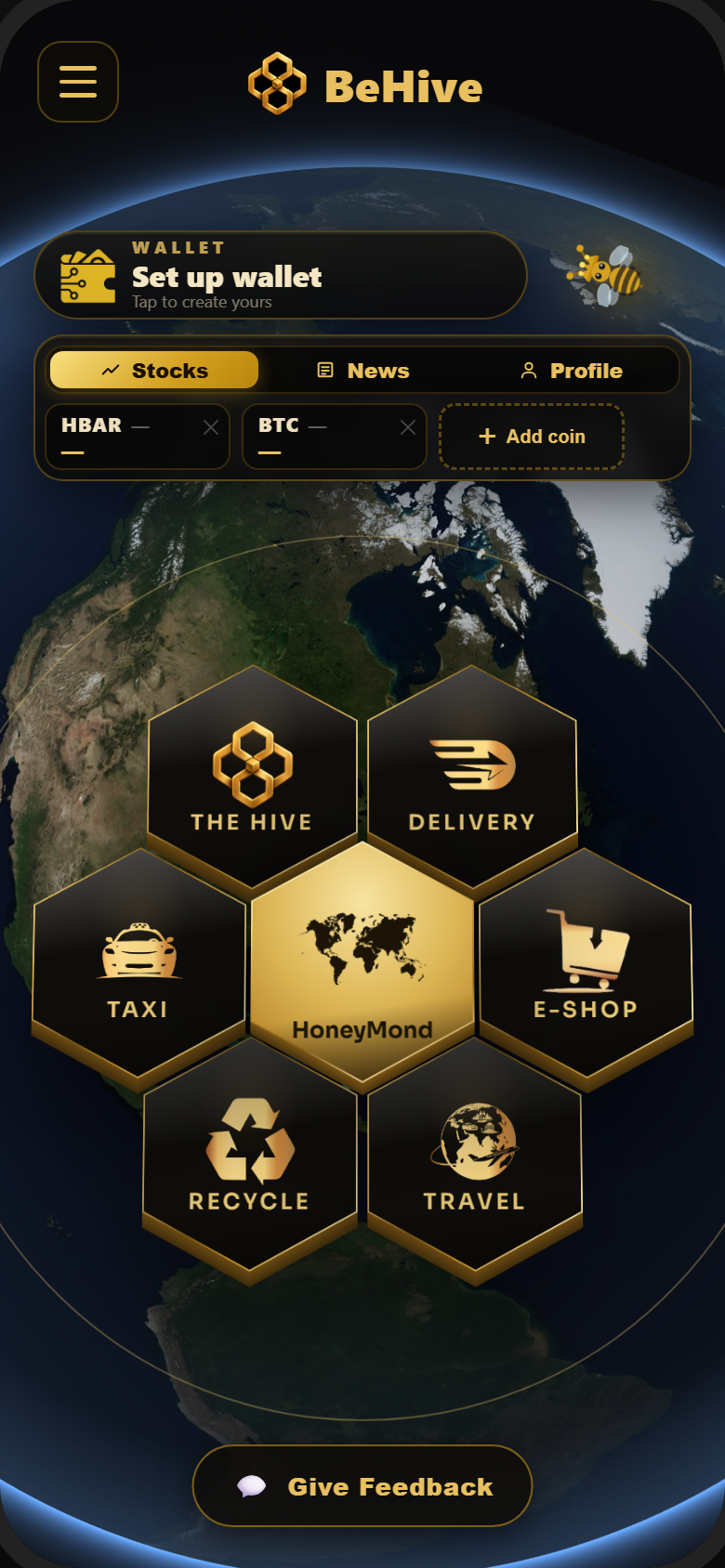 BeHive home screen: six doors around HoneyMond, over a globe